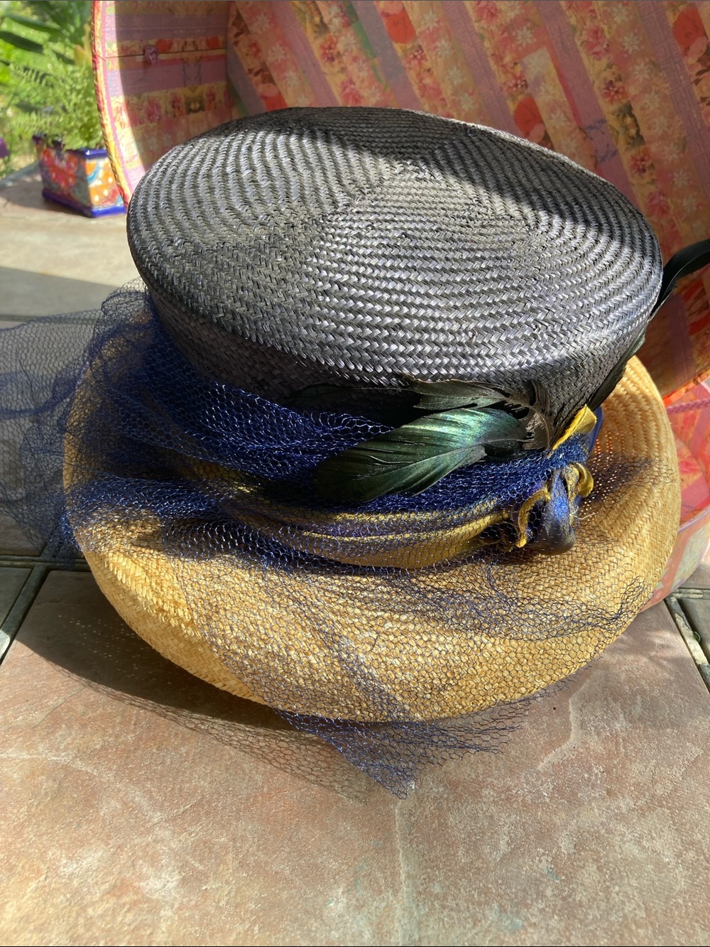 Navy and Mustard Straw Tilt Hat with Veil and Feather Accent